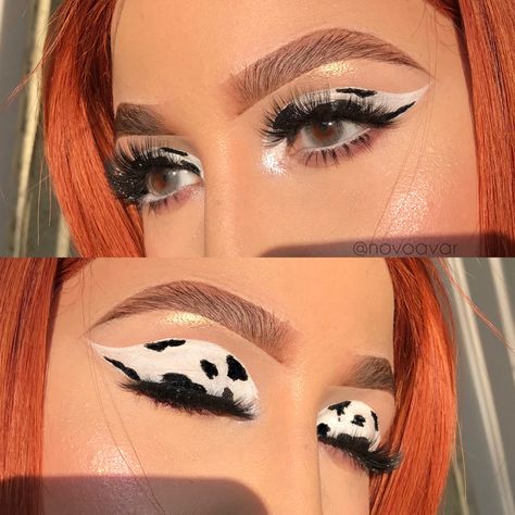 Inspirado en vaca animalprint Cow Makeup Look For Halloween, Cow Costume Makeup, Cow Print Eye Makeup, Cow Makeup Halloween, Cow Eyeshadow, Cow Makeup Face, Cow Makeup Look, Cow Make Up, Makeup Emoji