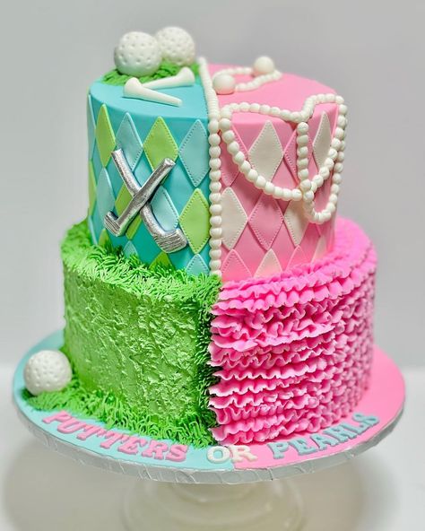 Golf Gender Reveal Cake, Golf Gender Reveal Ideas, Putters Or Pearls Gender Reveal Cake, Gender Reveal Golf Theme, Putter Or Pearls Gender Reveal, Golf Theme Gender Reveal Party, Golfing Gender Reveal, Gender Reveal Golf Ball, Golf Gender Reveal