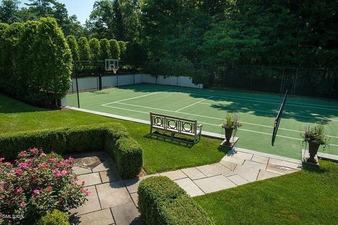 Tennis Court Backyard, Tennis Court Design, Backyard Sports, Private Tennis Court, Greenwich Connecticut, Driveway Landscaping, Sport Court, Georgian Homes, Dream Backyard