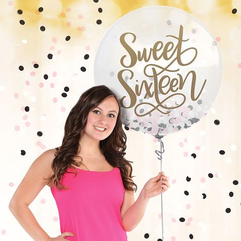 Round Black, Pink & White Sweet 16 Confetti Balloon 24in | Party City White Sweet 16, Confetti Balloons Birthday, Pink Sweet 16, 16th Birthday Decorations, 16 Balloons, White Confetti, Sweet Sixteen Parties, Personalized Balloons, Sweet 16 Birthday Party