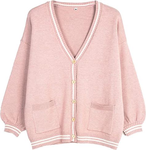 Amazon.com: Womens Preppy Chic High School Uniform Cosplay Cardigan Pink Striped Medium : Clothing, Shoes & Jewelry Japanese Cardigan, Pleaded Skirt, High School Uniform, Best Cardigans, Metallic Pleated Skirt, Heart Cardigan, Anime Japanese, Cardigan Oversized, Cardigan Pink