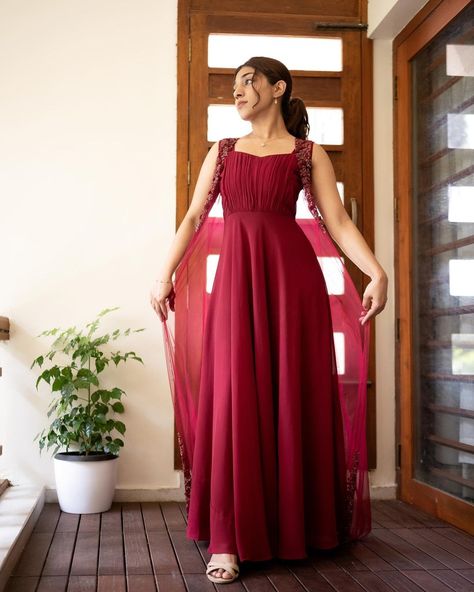 “Today, my heart turned red”. . . Gorgeous Sreya is wearing a beautiful dress from our signature collection. We have highlighted the… | Instagram Saree Turned Into Dress, Marriage Function Outfit For Women, Marriage Function Dress, Marriage Function Dresses For Women, Long Gown Designs Indian Simple, Simple Function Dress, Partywear Gowns Indian, Long Skirt Outfits Indian, Bridal Maid Dress