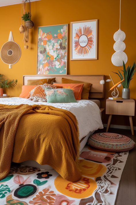 Déco années 70 : créez une ambiance r�étro-chic chez vous Retro Chic Interior Design, Retro Chic Bedroom, Style Boheme Deco, Deco Retro Vintage, Seventies Bedroom, Orange Room Bedroom, Seventies Interior Design, Room Ideas Yellow Walls, Vintage Bedroom Decor Retro