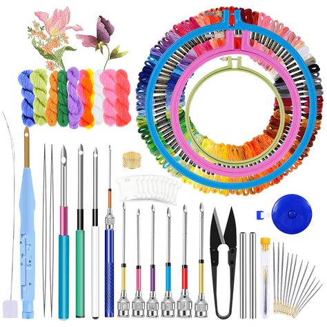 PRICES MAY VARY. Complete Punch Needle Embroidery Kits -- Package includes basic embroidery kits:100 colors embroidery threads and 10 colors cashmere cross stitch thread, 10 pcs punch needles, 3 pcs embroidery hoop, more useful embroidery supplies: tape measure, thimble, needle threader, punch needle holder and embroidery needles. Total 156 pcs of this embroidery punch needle kit. Adjustable Magic Embroidery Punch Pen -- Our rug hooking tool is used to push wool or yarn through fabric in order t Floss Bobbins, Embroidery Pen, Cross Stitch Hoop, Punch Needle Kits, Needle Kit, Cross Stitch Thread, Embroidery Tools, Hoop Embroidery, Stitch Pictures