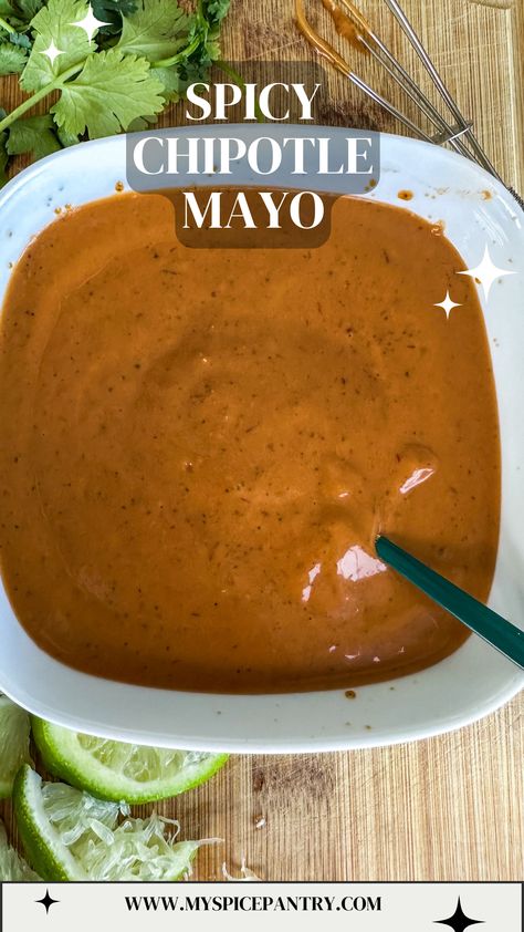 Spicy Chipotle Mayo is a super creamy sauce made with chipotle pepper, hot green chilies, mayo and spices! It is perfect as a dipping sauce or to top off some Mexican food! Sauce With Avocado, Spicy Chipotle Sauce, Spice Pantry, Chipotle Mayo, Hot Green, Chipotle Sauce, Adobo Sauce, Chipotle Pepper, Group Meals