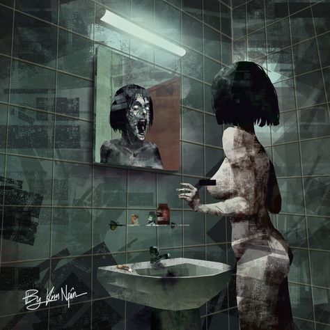 Mirror Digitalpainting Horror Bathroom Mirror Horror Art, Scary Mirror Reflection, Hospital Horror Art, Creepy Mirror Reflection, Looking In A Mirror Reference, Body Dysformia Art Mirror, Bathroom Mirror Background, Broken Mirror Reference, Bathroom Mirror Drawing