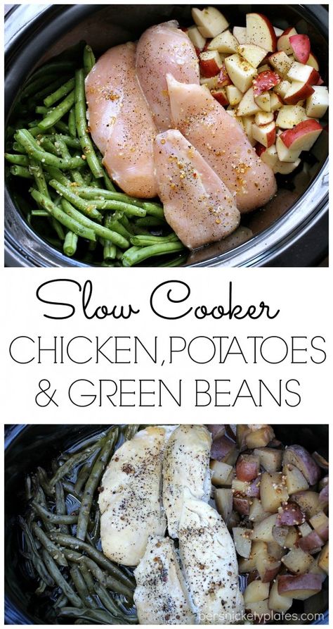 Slow Cooker Chicken, Potatoes, & Green Beans - your entire dinner made right in the slow cooker! | Persnickety Plates #SCNRF #PMedia #ad @NatureRaised Chicken Potatoes Green Beans, Chicken Green Beans Potatoes, Chicken Potatoes And Green Beans, Slow Cooker Chicken Potatoes, Crockpot Chicken And Potatoes, Crockpot Green Beans, Persnickety Plates, Green Bean Dishes, Potatoes Green Beans