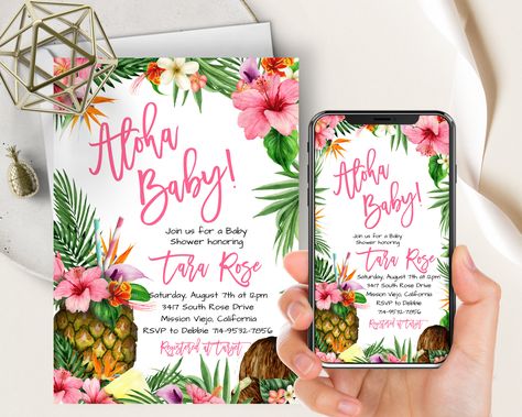 Baby Shower Garcon, Champagne Favors, Tropical Baby Shower, Email Invitation, Blue Hibiscus, Pineapple Coconut, Invitation Baby Shower, Electronic Invitations, Tropical Floral