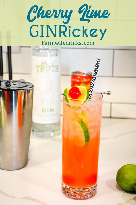 Cherry Lime Gin Rickey - The Farmwife Drinks Lime Rickey Recipe, Gin Rickey Recipe, Rickey Cocktail, Gin Rickey, Holly Williams, Reception Cocktail, Lime Rickey, Disney Drinks, Refreshing Beverages