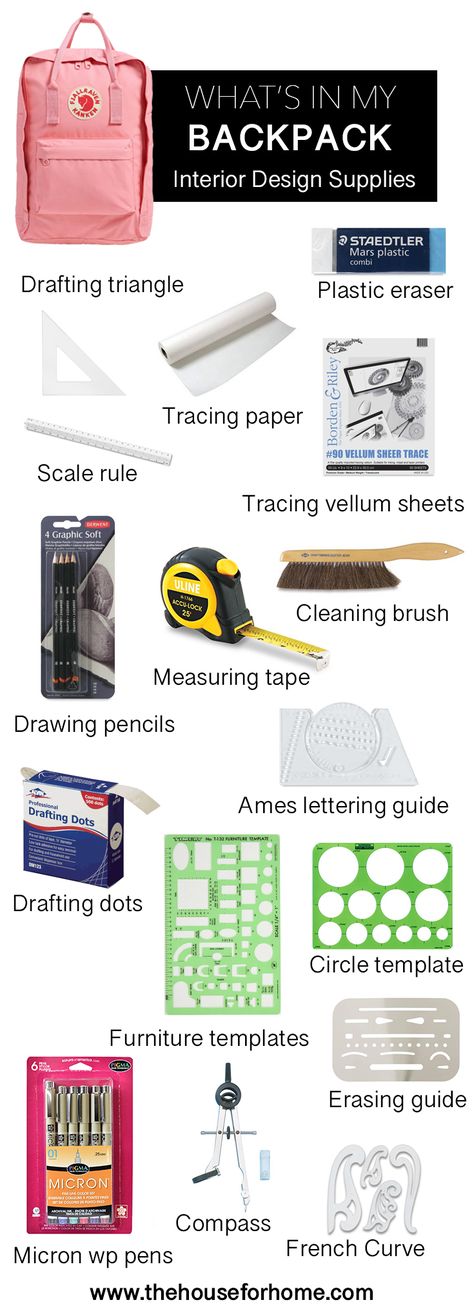 What's in my Backpack: interior design supplies. Interior Design Student. Interior Designer. Interior Design Tools. Pink Fjallraven Kanken. Alvin Drafting Tools. Interior Design School. ID Student. Architecture Student Supplies, Interior Design Supplies, Interior Design Student Life, Interior Design Portfolio Student, Interior Design Notes, Interior Design Student Aesthetic, Architecture Supplies, Interior Design Journal, Drafting Supplies