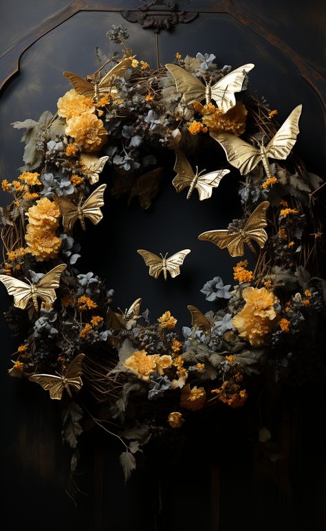 Harvest Dinner Party, Classy Halloween, Golden Butterfly, Halloween Floral, Fall Halloween Decor, Samhain, Hallows Eve, Wreath Decor, Holidays Halloween