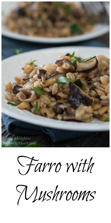 Farro with Mushrooms and Thyme is a hearty, healthy dish to make. Farro has a nutty flavor that is easy to make and delicious to eat! #Wholegrain #healthy #healthyrecipes #grainbowl via @HostessAtHeart Mushroom Farro, Farro Salad Recipes, Farro Recipes, Side Dishes Recipes, Healthier Recipes, Mediterranean Diet Recipes, Vegetarian Dinner, Pasta Noodles, Side Recipes