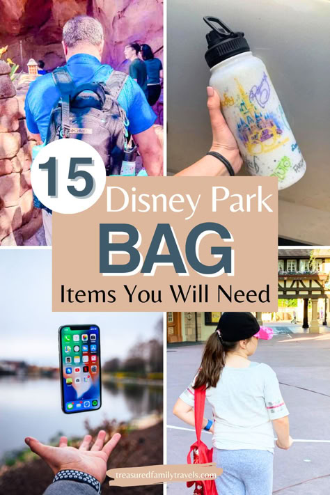 15 Disney Park Bag Items You Will Need Disney Must Pack List, Disney World Trip Essentials, Disney Emergency Kit, What You Need For Disney World, Disney Day Bag Packing Lists, Disney Goodie Bags For Trip Adults, Bags For Disney World, Diy Disney Belt Bag, Essentials For Disney World