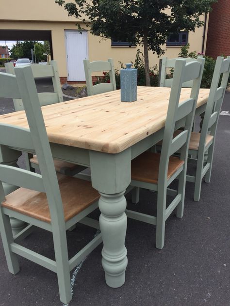 Green Farmhouse Dining Table, Blue Table Legs Wood Top, Furniture Makeover Dining Table, Sage Green Kitchen Table And Chairs, Farm Table Redo, Repurposed Farmhouse Table, Green Farmhouse Table, Sage Green Chairs Dining, Sage Green Kitchen Chairs