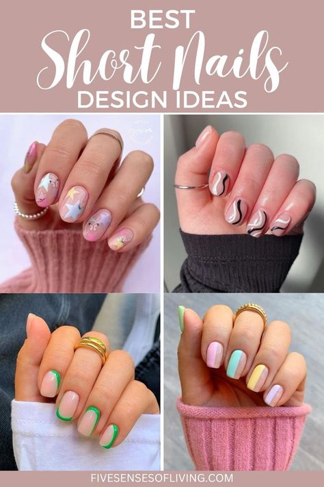 a collage of 4 images of hands with short nail designs Cute Summer Nail Designs For Short Nails, Short Oval Nails Designs Spring, Trendy Short Nails 2023, Real Nail Designs Ideas, Spring Nails Short Nails, Short Rounded Nail Ideas, Shellac Nails Designs Short Natural, Simple Short Dip Nail Designs, Short Round Gel Nail Designs