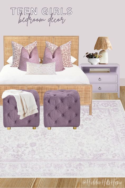 Cute girls bedroom decor mood board with purple lavender accents! Teen girls room decor ideas Lavender Haze Bedroom, Purple Teenage Bedroom, Lavender Girls Bedroom, Teen Girls Bedroom Decor Ideas, Girls Bedroom Lavender, Girls Bedroom Green, Decor Mood Board, Purple Girls Bedroom, Teen Girls Room