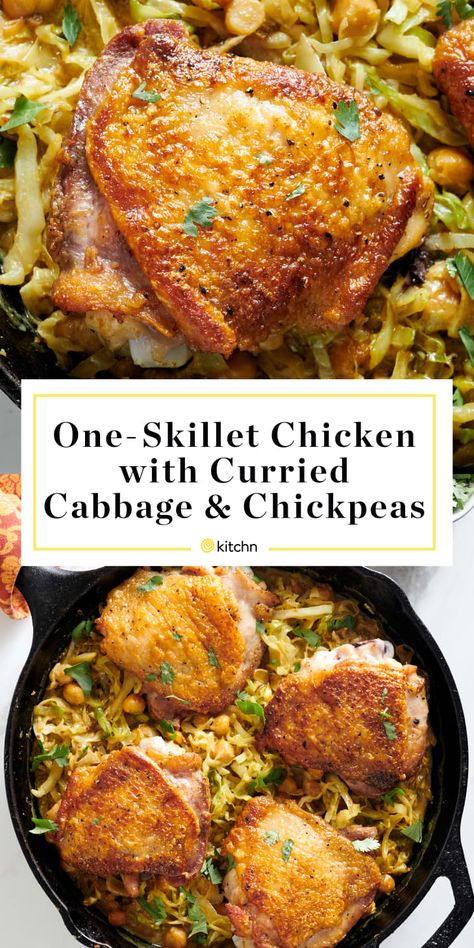 Curried Cabbage, One Skillet Chicken, Skillet Chicken Thighs, Stuffed Avocado, Brown Chicken, Chicken And Cabbage, One Skillet, Chickpea Recipes, Chicken Main Dishes