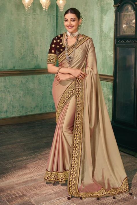 Beige Saree, Bollywood Sarees Online, Golden Saree, South Silk Sarees, Maroon Blouse, Indian Party Wear, Brown Blouse, Indian Blouse, Fancy Blouses