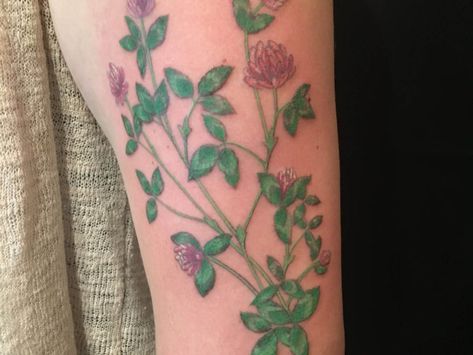 Gemstone Tattoo | CUSTOM Iris Goddess, Herb Bouquet, Scar Cover Up, Thigh Piece, Clover Tattoos, Bouquet Tattoo, Healing Tattoo, Old Tattoos, Botanical Tattoo