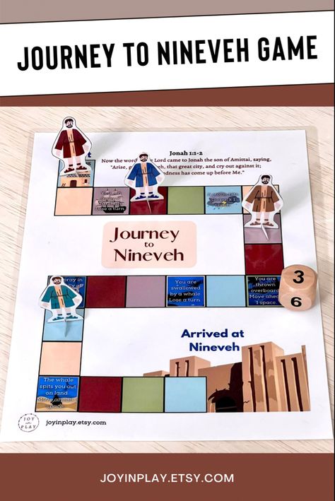 Your kids will love playing this Journey to Nineveh game as they learn details about the story of Jonah! Who will be first to make it Nineveh? Jonah And The Whale Games, Jonah Activity, Jonah Bible Story, Jonah Bible, Book Of Jonah, Obey God, Bible Crafts Sunday School, Whale Theme, Bible Books