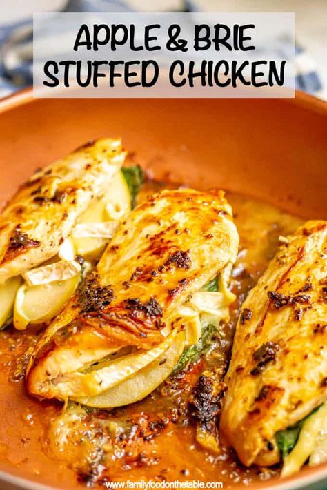 Apple and brie stuffed chicken is an easy skillet chicken recipe with melty, soft brie cheese and tart green apples, plus a delicious pan sauce made from the juices. This easy family-friendly dish is perfect for a yummy fall dinner! #apples #brie #stuffedchicken #chickenrecipes #chickendinner Dinner Apple Recipes, Fall Meals Lunch, Chicken And Brie Recipes Dinners, Apple Meat Recipes, Dinner Recipes With Brie Cheese, Brie Apple Stuffed Chicken, Easy Fall Family Dinner Ideas, Brie Apple Chicken, Fall Dinner Chicken