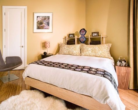 Catty Corner Bed w shelf behind Cornered Bed, Diagonal Bed, Corner Beds, Corner Bed Ideas, Corner Headboard, Sleeping Room Design, Bed Placement, Corner Bed, Bedroom Arrangement