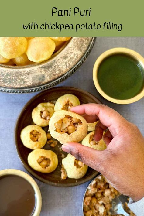 Pani puri is a delicious hollow and crispy semolina ball that is stuffed with a chickpea and potato filling and filled with spicy and sweet pani (spiced water) for a mouth-bursting street food snack. Pain Puri Recipe, Pani Puri Filling Recipe, Chickpea And Potato, Easy Indian Snacks, Chickpea Potato, Indian Chaat, Pani Puri Recipe, Potato Filling, Puri Recipes