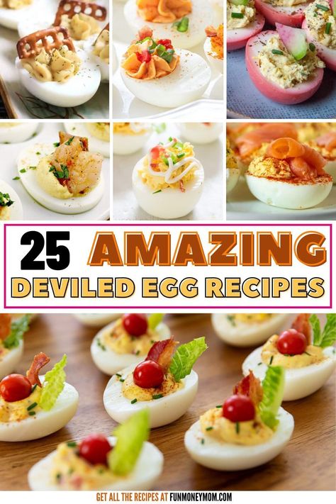 These easy Deviled Egg Recipes are the ultimate crowd-pleasers! Whether you like avocado deviled eggs, deviled eggs with shrimp or even Christmas deviled eggs, there's a recipe for everyone! They're the perfect appetizer whether you’re hosting a holiday brunch or just craving a tasty snack. Stuffed Eggs Appetizers, Deviled Egg Recipes Best, Decorated Deviled Eggs, Deviled Eggs Decoration Ideas, Deviled Egg Flavors, Cali Roll Deviled Eggs, Egg Flight Recipe, Deviled Egg Variations, Deviled Egg Tray Ideas Diy