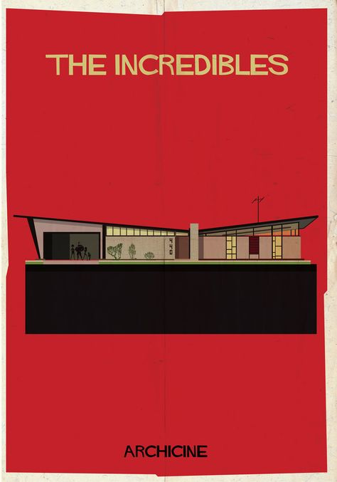 ARCHICINE: Illustrations of Architecture in Film,The Incredibles. Directed by Brad Bird. Image Courtesy of Federico Babina Federico Babina, Retro Illustrations, Movie Set, Famous Buildings, Poster Photo, Poster Series, Iconic Buildings, Movie Posters Minimalist, Bird Art Print