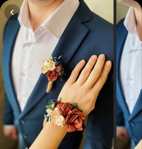 Rust Corsage, Rust Boutonniere, Fall Corsage, Burnt Orange Wedding Bouquet, Boutineer Wedding, Fall Boutonnieres, Groomsmen And Bridesmaids, Fall Bridal Bouquet, Orange Wedding Bouquet