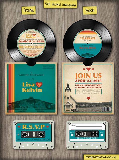 LOVE These 5″ Retro Music Themed Wedding Invitations by https://www.empireinvites.ca Music Themed Wedding Invitations, Music Wedding Invitations, Record Wedding, Retro Wedding Invitations, Passport Wedding Invitations, Music Themed Wedding, Themed Wedding Invitations, Wedding Party Invites, Invitation Kits