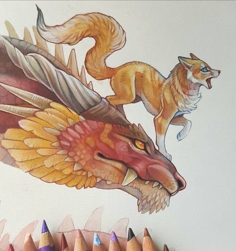 Grace on Instagram: “Small wip section from a larger piece im currently working on. #colorpencil #dragon #fox #kitsune #drawing #artist #pencilart #pencils…” Sketch Model, Fantasy People, Rainbow Lion, Art Therapy Projects, Drawing Prompts, Spirit Animal Art, Voodoo Dolls, Drawing Projects, Fox Art