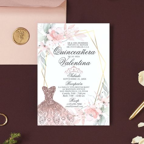 Elegant Watercolor Pink Spanish Quinceañera Quince Invitation Quince Watercolor, Glitter Gown Dress, Invitation Quinceanera, Floral Pink Dress, Invitations Quinceanera, Watercolor Floral Invitation, Pink Quince, Quince Invitations, Sweet Sixteen Invitations