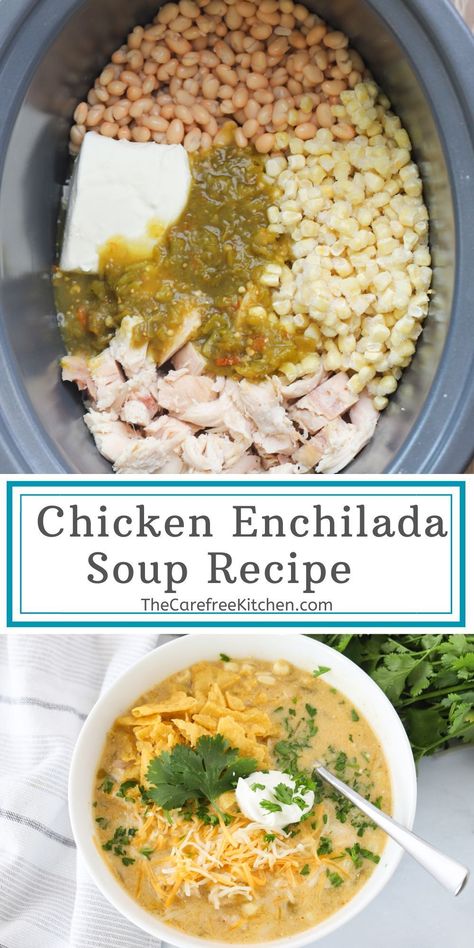 This Green Chile Chicken Enchilada Soup is a simple, healthy and delicious soup that is perfect for busy weeknights.  It’s creamy, hearty, full of flavor and sure to become a new family favorite. White Chicken Chili Green Enchilada Sauce, Taco Soup With Green Enchilada Sauce, Crockpot Green Enchilada Soup, Creamy Green Chile Chicken Soup, Turkey Enchilada Soup, White Enchilada Soup, Green Chili Enchilada Soup, Creamy Green Chili Chicken Enchiladas, Healthy Chicken Enchilada Soup