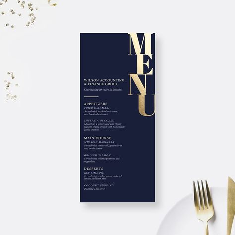 Our navy blue and gold menu card template is the epitome of sophistication, ideal for formal affairs and business events alike. Its elegant design and classic color combination add a touch of refinement to any dining setting. Whether you're hosting a corporate dinner or a black-tie gala, this menu card effortlessly exudes timeless charm. Elevate your event with this stylish and versatile addition to your table decor.This is a digital menu card that you can edit, save and print.The menu card is Creative Menu Card Design, Black And Gold Menu Cards, Menu Template Free Printable Restaurant, New Year Menu Design, Black Menu Design, Special Menu Design, Menu Card Design Creative, Dinner Party Menu Design, Luxury Menu Design