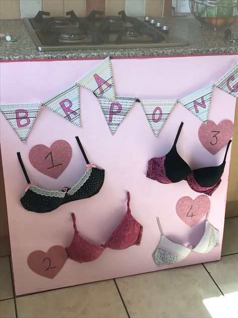 Bra pong... so easy to make! Such a fun game for a Hen Bra Pong Board Diy, Panty Game Bachelorette Ideas, Lingerie Game Bachelorette, Bachelorette Lingerie Party Games, Bra Pong, Pantie Bridal Shower Game, Lingere Party Games, Bachelorette Party Games Drinking, Fundraising Games