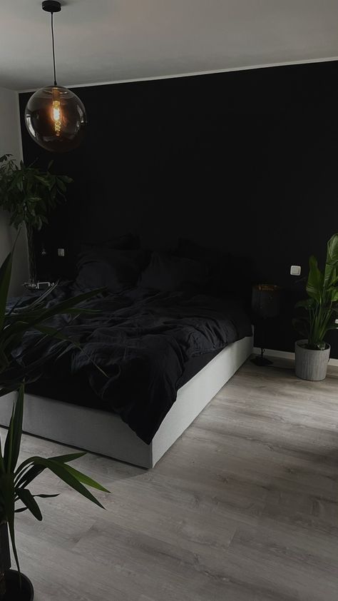 Dark Black Bedroom Aesthetic, Mens Bedroom Aesthetic Dark, Black Walls Room Aesthetic, Black Room Minimalist, Black Apartment Aesthetic Bedroom, Men’s Black Bedroom, Modern Black And Wood Bedroom, Room With One Black Wall, Black Earthy Room Aesthetic