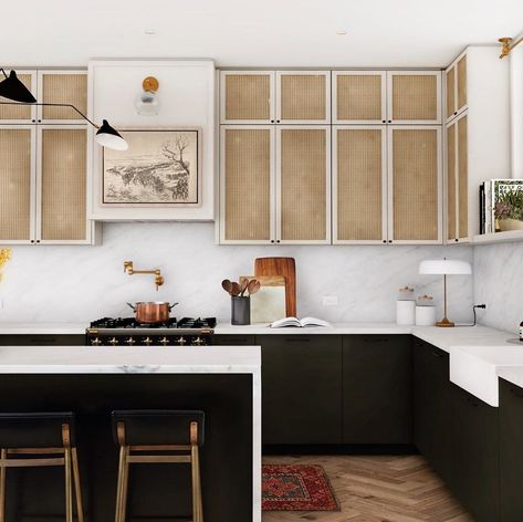 Lindsay Neuren on Instagram: “"Natural, woven materials in the form of rattan furniture, seagrass pendant lights, and jute rugs have taken the interior design world by…” Cane Kitchen, Kitchen Credenza, Cane Furniture, White Marble Countertops, Upper Cabinets, Counter Tops, Interior Design Trends, Home Staging, Interior Design Kitchen