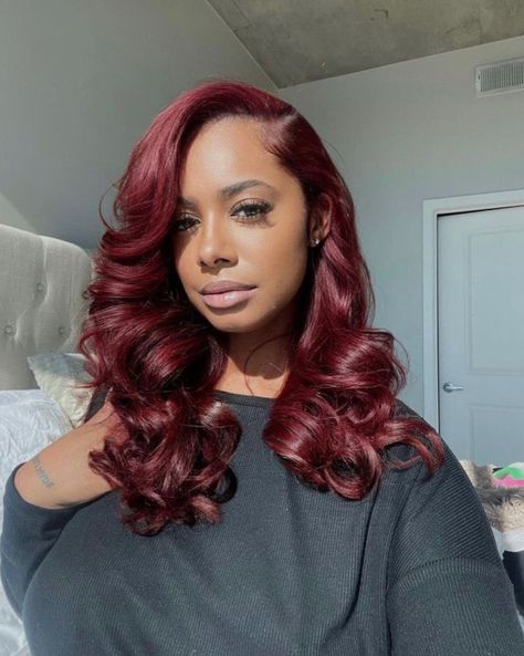 Hair Color For Brown Skin, Deep Red Hair, Frontal Wig Hairstyles, Red Hair Inspo, Hair Color Burgundy, Quick Weave Hairstyles, Long Curly Wig, Dyed Hair Inspiration, Burgundy Hair