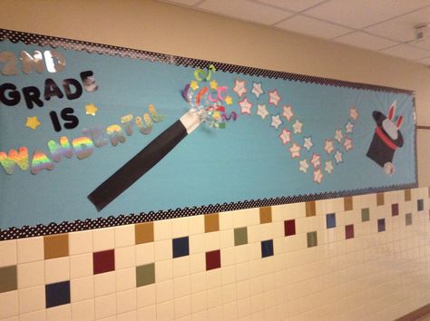 Our back to school magic themed bulletin board! Magic Themed Bulletin Boards, Magic Theme Classroom Ideas, Reading Is Magical Bulletin Board, Magic Bulletin Board Ideas, Reading Is Magical Theme, Magic Classroom Theme, Magical Classroom Theme, Classroom Fantasy Art, Magic Theme Classroom