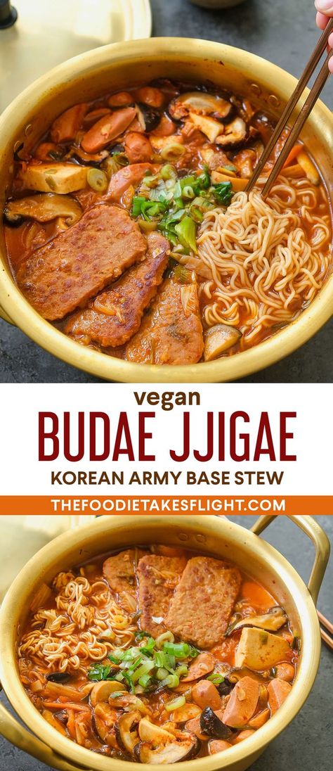 Kimchi Vegetarian Recipe, Vegan Gochujang Recipes, Vegetarian Korean Recipes, Vegan Noodle Recipes, Korean Vegan Recipes, Vegan Korean Recipes, Army Base Stew, Daphne Cosplay, Korean Army Stew