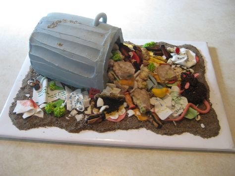 Trash Can / Garbage Can Cake - Everything is edible and made out of:  gum paste, fondant, fruity taffy, caramels, prunes, cookies, sprinkles, frostings, and cake, of course. Cake Contest Ideas, Gross Cakes, Ugly Cake, Ugly Cakes, Contest Ideas, Cake Recipes At Home, Cake In A Can, Frosting Techniques, Truck Cakes