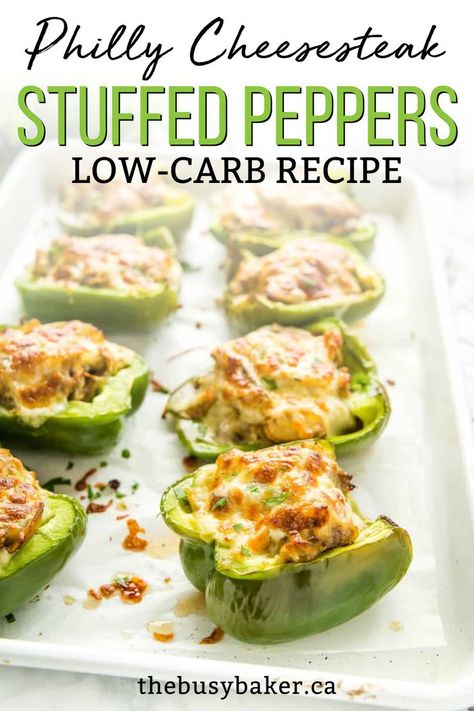 This Philly Cheesesteak Stuffed Peppers recipe is an easy healthy meal idea that’s high in protein, low carb and keto-friendly with only 14 net carbs per serving. Stuffed bell peppers made with steak, mushrooms, onions, and cheese, it’s the perfect low carb way to enjoy the flavour of Philly Cheesesteak! Philly Stuffed Bell Peppers, Stuffed Bell Peppers With Cream Cheese, Low Calorie Stuffed Peppers, Low Carb High Protein Meals Dinners, Steak Stuffed Bell Peppers, Philly Cheesesteak Stuffed Bell Peppers, Keto Stuffed Bell Peppers, Philly Cheese Steak Stuffed Peppers, Healthy Stuffed Peppers