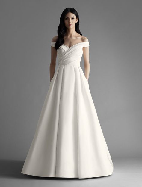 Style 4900 Ava Allison Webb bridal gown - Ivory silk faille pleated full A-line bridal gown with pockets and draped off the shoulder bodice, chapel train. Allison Webb, Wedding Dresses Kleinfeld, Wedding Atelier, How To Dress For A Wedding, Long Bridal Gown, A Line Bridal Gowns, Kleinfeld Bridal, Wedding Dress With Pockets, White Magnolia