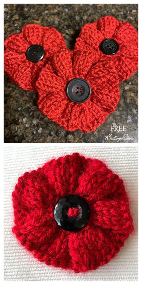 Knit Poppy Flower Free Knitting Patterns - Knitting Pattern Poppy Patterns Free, Knitting Poppies Free Pattern, Loom Knitted Flowers, Easy Knitted Poppy Free Pattern, Knitted Poppy Pattern, Christmas Hat Knit, Crocheted Poppies Free Pattern, Free Flower Knitting Patterns, Poppy Knitting Pattern For Free