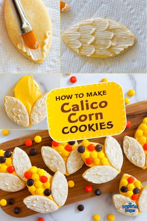 How to Make Calico Corn Cookies | Imperial Sugar Calico Corn, Apple Cider Cookies, Apple Cookies Recipes, Corn Cookies, Apple Oatmeal Cookies, Whipped Shortbread Cookies, Buttery Shortbread Cookies, Holiday Cookie Exchange, Leaf Cookies