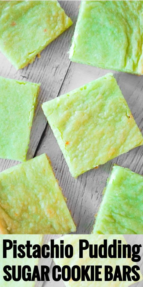 Pudding Mix Desserts, Pistachio Pudding Bars, Pistachio Pudding Cookies Recipe, Pistachio Bars, Sugar Cookie Mix Recipes, Pistachio Sugar Cookie Bars, Betty Crocker Sugar Cookie Mix Ideas, Pistachio Pudding Mix Recipes, Pistachio Pudding Cake Mix Cookies