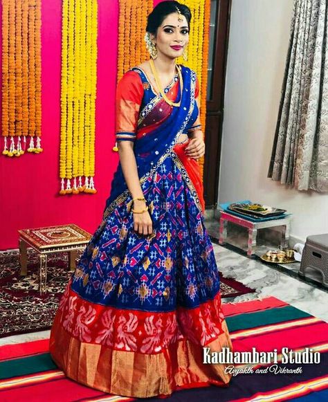 Pochampally Half Sarees, Pattu Pavadai Designs, Anarkali Patterns, Black Blouse Designs, Girls Frocks, Half Saree Function, Bridal Sarees South Indian, Half Saree Lehenga, Gown Party Wear