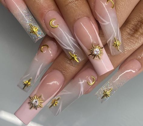 Astrology Nails Acrylic, Taurus Inspired Nails, Taurus Nail Ideas, Sun Themed Nails, Aries Inspired Nails, Aquarius Nails Acrylic, Leo Season Nails, Spiritual Nails Designs, Leo Nails Zodiac