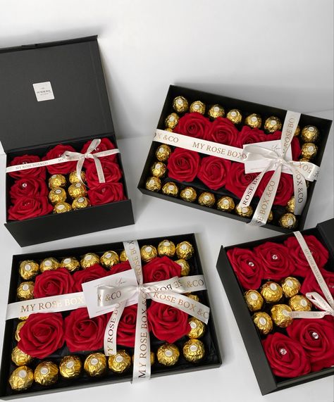 Roses, chocolates, gift box, luxury Roses In A Box Gift Diy, Valentine Chocolate Box Gift Ideas, Box Flowers Gift Ideas, Picnic Party Decorations, Chocolates Gift, Eternal Flowers, Chocolate Flowers Bouquet, Chocolate Basket, Chocolate Covered Strawberries Bouquet